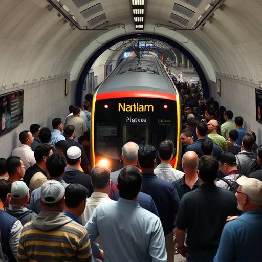 Treno della metropolitana che entra in una nuova stazione a Roma, con folla di persone