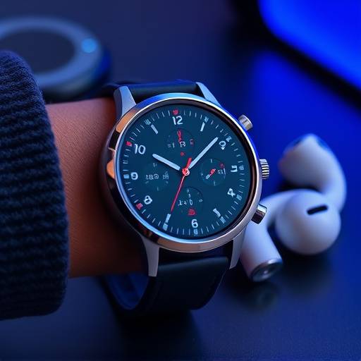 Una variet&radic;&dagger; di gadget tecnologici moderni, tra cui uno smartwatch, auricolari wireless e un dispositivo per la casa intelligente.