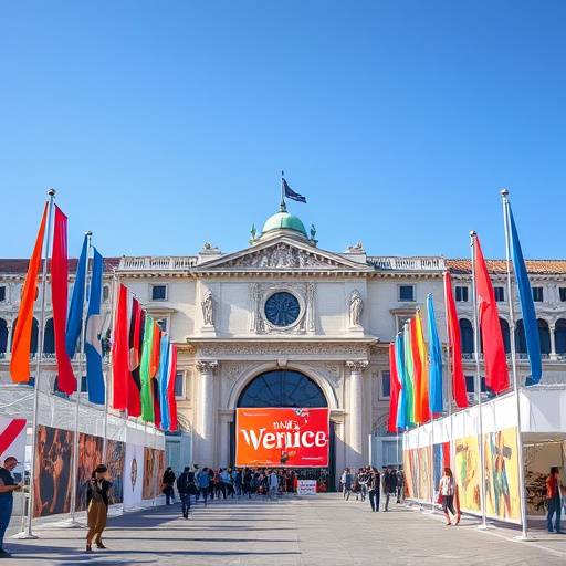 Vista dell'ingresso principale della Biennale di Venezia, con bandiere e opere d'arte